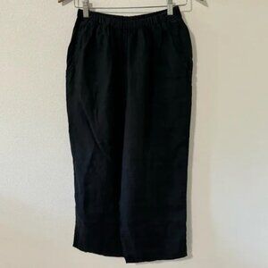 Flax Linen Flood Pants Black Wide Leg Crop Pockets Size Small